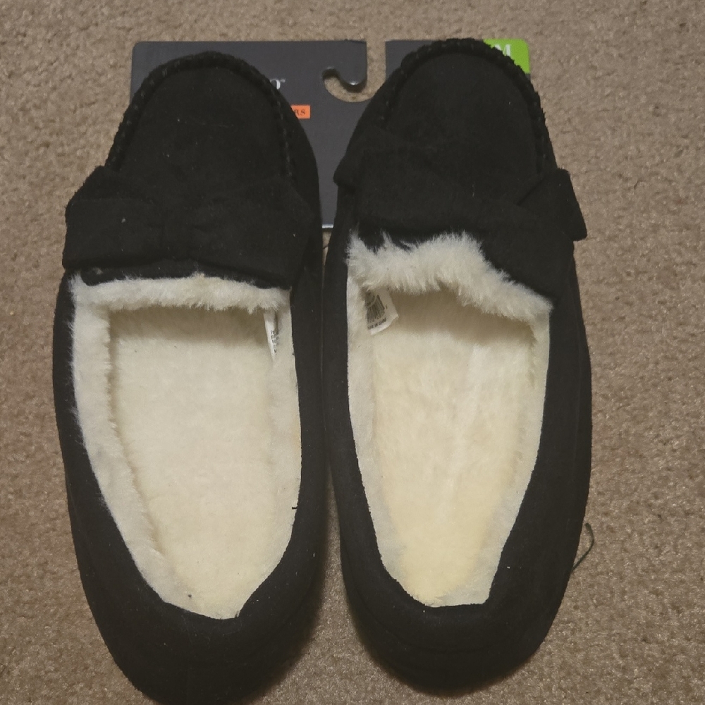 Black Suede Slippers with Cream Lining